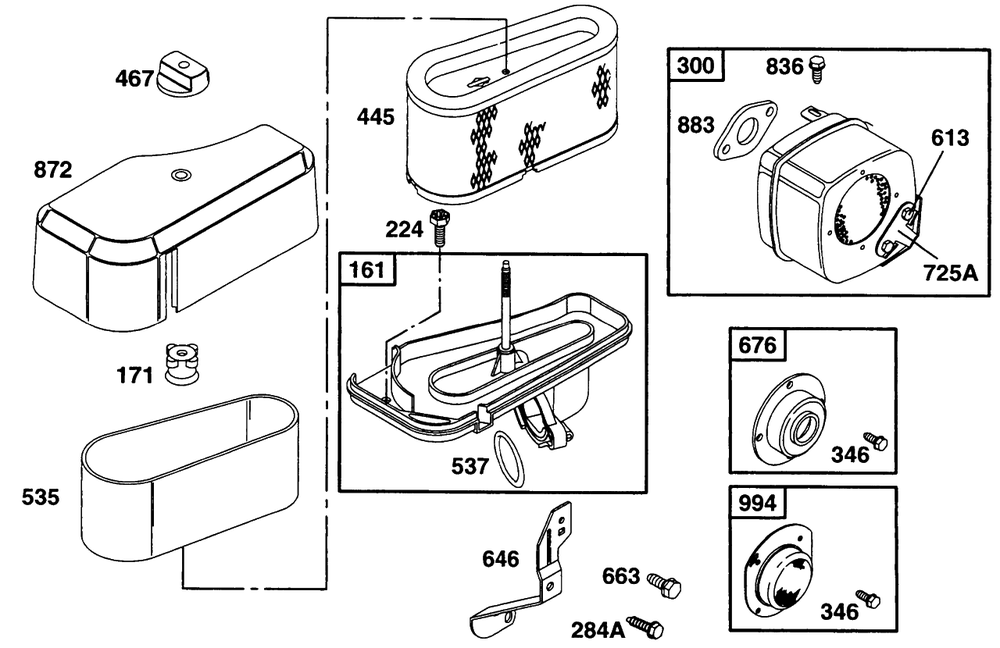 Air Cleaner Grp, Muffler Grp Diagram and Parts List for 28A707-0526-XX  Briggs and Stratton Engine